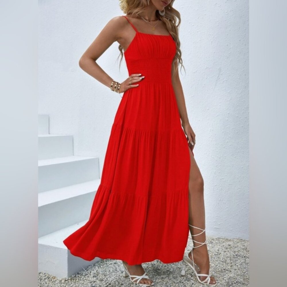 Red Boho Ruched Bust Ruffle Hem Cami Dress